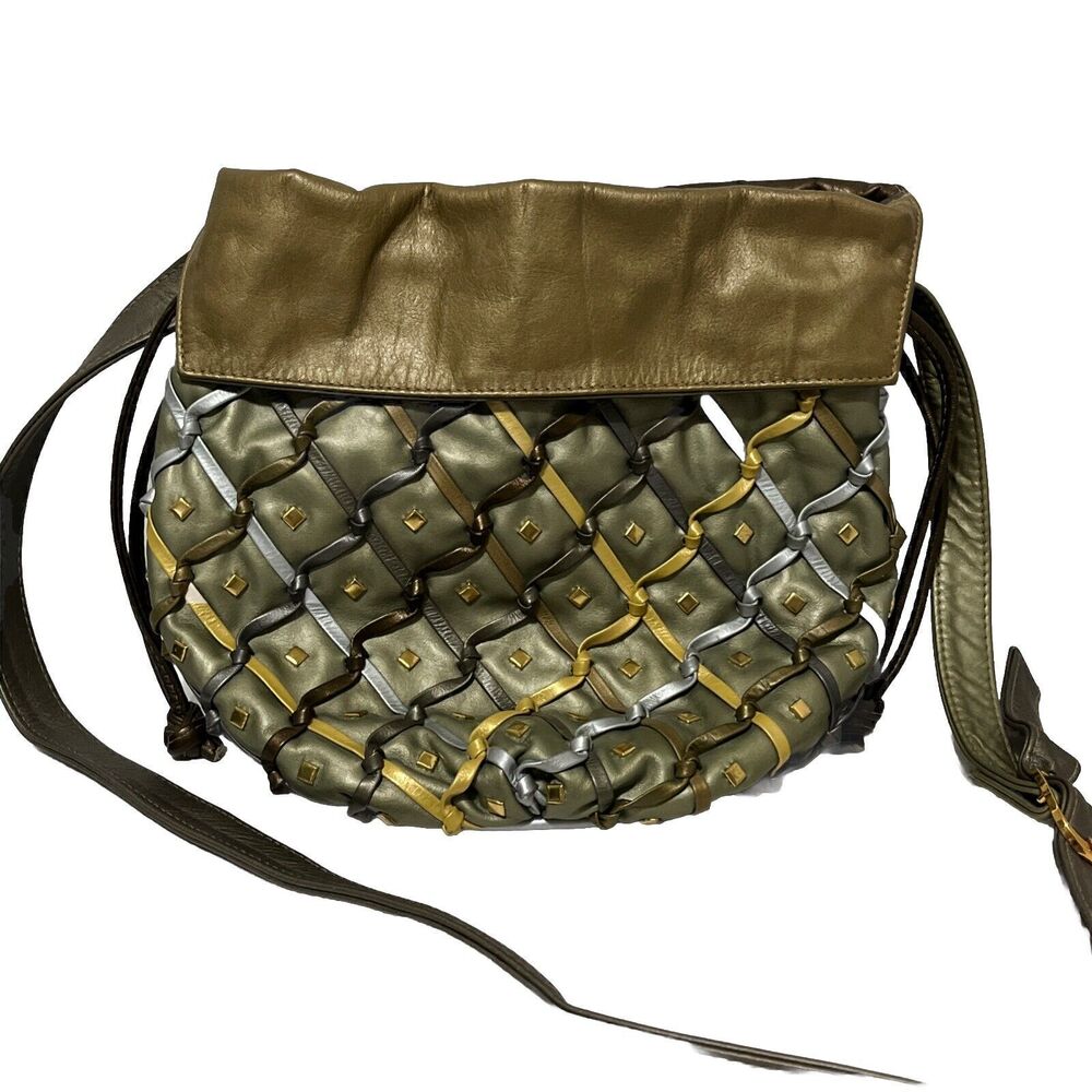 Atalla Handbags Leather Scrunch Top Cross Hatch Studded Crossbody Purse Metallic